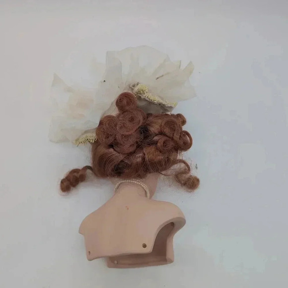 Victorian Porcelain Doll Head Redhead Ruffled Feathered hat Cameo and Earrings - Picture 4 of 7
